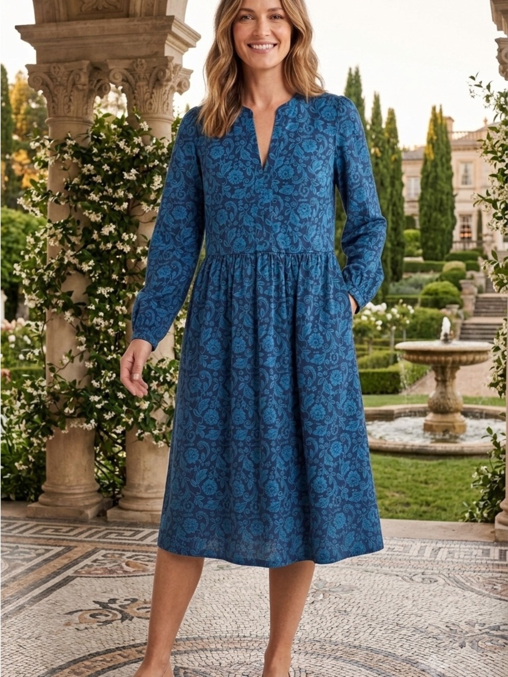 NWT Boden Blue Floral Long-Sleeve Midi Dress size 14